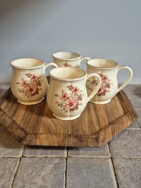 Vintage 1970s Japanese Stoneware Floral Mugs Set of 4 Boho
